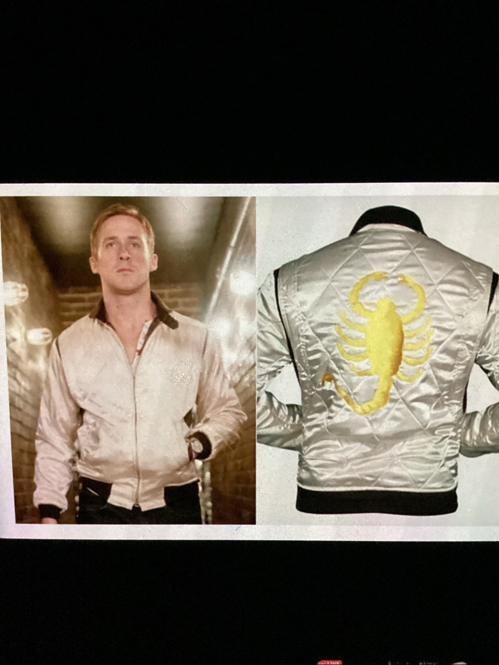 Ryan Gosling “Drive” White Quilted Bomber Jacket with Yellow Scorpion Patch
